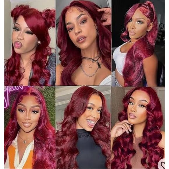 99j Burgundy Lace Front Wig remi Human Hair 22” 13x4 Body Wave Frontal Pre Pluck - Picture 4 of 11